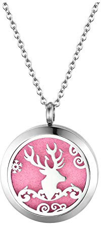 JewelryWe Weihnachten Aromatherapie Halskette Damen: Silber Edelstahl Weihnachts Elch REH Diffusor Ätherische öl öffenbar Floating Medaillon Locket Anhänger Kette mit 10 Bunt Filzkreisen Geschenk