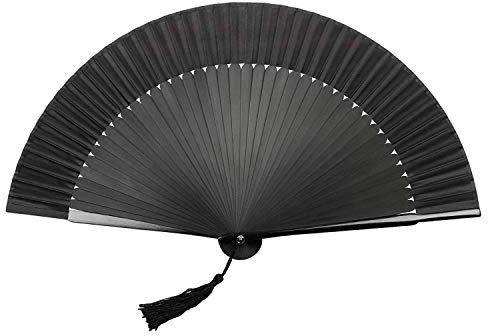 1SourceTek Silk Hand Held Folding Fans 14 inches (38cm) Women Hand Held Folding Fans With a Fabric Sleeve Protection - Chinese Retro Style (Black)