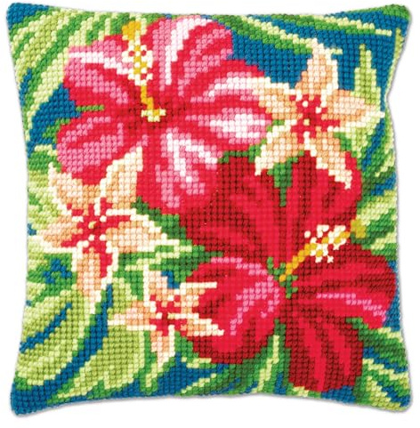 Vervaco Cross Stitch Embroidery Kits Cushion Embroidery Set Beginners Pre-Printed Hibiscus Flowers DIY Set Creative Set for Adults Decorative Cushion Approx. 40 x 40 cm Craft Set Craftsman Home