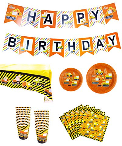 TINYMILLS Construction Party Supplies Sets Including Plates, Cups, Napkins, Tablecloth and Happy Birthday Banner, Serves 12
