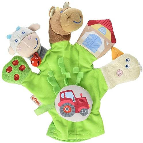 HABA 304933 - Spielhandschuh Bauernhof, weiche Fingerpuppen mit Bauernhofmotiven und Traktor zum Abnehmen, Baby-Spielzeug ab 18 Monaten