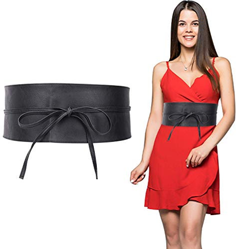 Trimming Shop Damen Obi-Gürtel aus weichem PU-Leder mit Fliege zum Umwickeln, modischer Taillenbund für Hochzeitskleider, Partykleidung, 95 mm breit, Schwarz