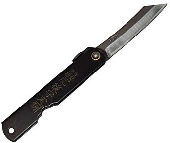 HIGO NO KAMI Couteau de Poche Pliant Artisanal Japonais Warikomi Acier au Carbone SK Manche Noir Fait Main au Japon par Nagao Kanekoma HRC 60 (Lame 6 cm)