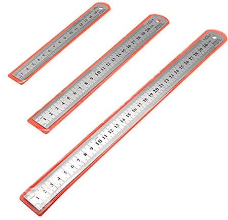 KOOKZ 3pcs Edelstahllineale, Metalllineal mit Doppelseiten Skala Kante, Stahllineal Set inklusive 15cm / 20cm / 30cm für Technik, Lehre und Büro