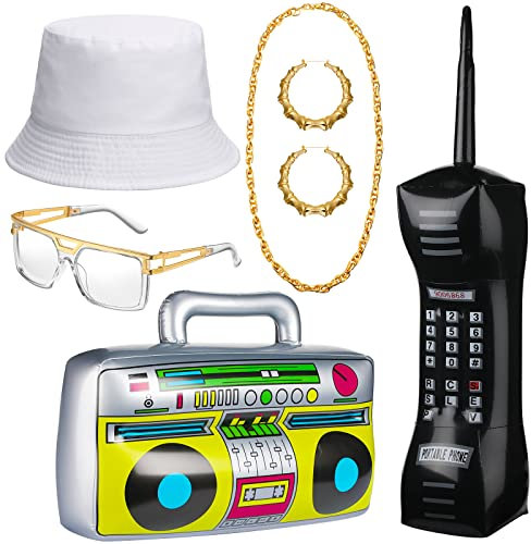 JaGely 6 Stück 80er 90er Jahre Zubehör Outfit Hip Hop Rapper Kostüm Kit Weiß Eimer Hut Champagner Gold Halskette Sonnenbrille Creolen Aufblasbares Radio Telefon, wie in den Bildern gezeigt
