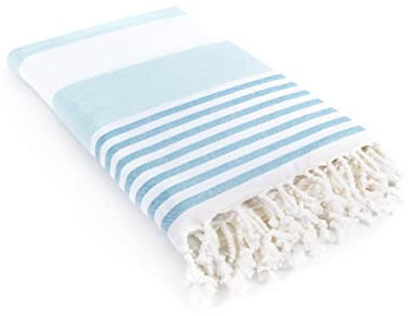 LAYNENBURG Premium Hamamtuch mit handgeknüpften Fransen - 100% Baumwolle - XXL Strandtuch 95x180 cm - Oeko-TEX 100 - Frottee Strandhandtuch groß - Saunatuch & Reisehandtuch (Blau)