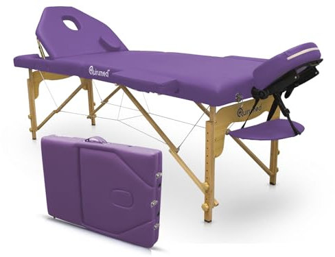 QUIRUMED Elite Table de Massage Pliante en Bois, Couleur Violet, 194 x 70 cm, Similicuir, Portable, Dossier Rabattable, Tête Amovible, Trou pour Le Visage, Hauteur réglable, Jusqu'à 150 kg