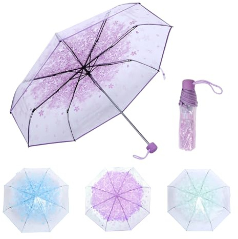 plplaaoo Regenschirm Transparent, Sakura-Taschenschirm, Durchsichtiger Regenschirm, Kirschblüte, Vier Farben, für Mädchen, Jungen (lila)