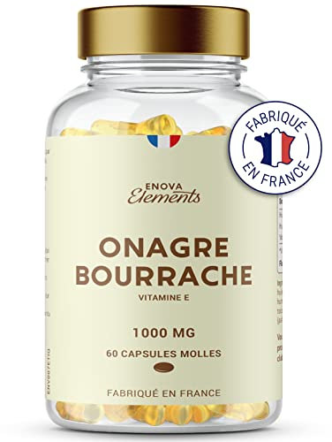 ONAGRE BOURRACHE + VIT E | Huile de Bourrache Huile d'onagre pressées à froid | Equilibre Hormonal Femmes, Ménopause et Syndrome prémenstruel | PEAU |1000 MG | 60 Capsules | Fabriqué en France