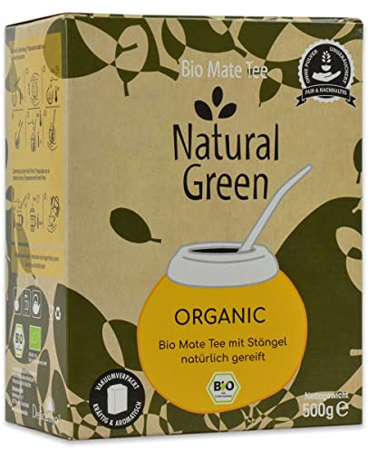 Delicatino - Yerba Mate Orgánica Natural Green (Con Palo) 500g - Certificada DE-ÖKO-006 - Secado Sin Humo - Sabor Intenso y Aromático