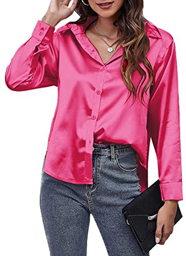 Panegy Chemise en satin à manches longues pour femme - Haut de travail boutonné - Chemise semblable à la soie pour le bureau, rose, XXL