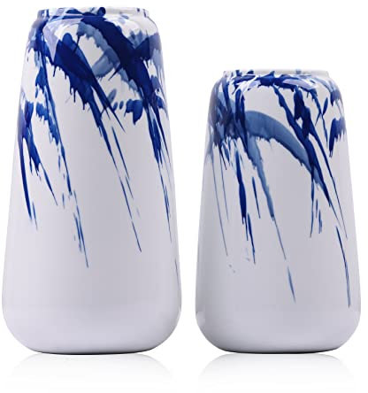 Keramische Blaue und weiße Vase Satz von 2, glasierte dekorative marineblaue Vasen für Dekor, ideal für Wohnzimmer, Schlafzimmer, Küche Tafelaufsätze, marineblaue Akzente für modernes Dekor