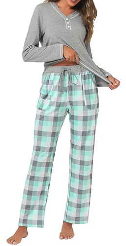 Uniexcosm Schlafanzug Damen Lang Pyjama Set Nachtwäsche mit Karohose | zweiteilig aus Baumwolle mit Langarmshirt karierter Hose Taschen und Kordelzug für Nacht Zuhause und Reise