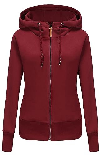 TrendiMax Damen Sweatjacke Kapuzenpullover Zip Hoodie Jacke mit Kapuze Winter Sweatshirt Kapuzenjacke, Weinrot, S