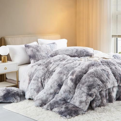 Freyamy Peluche Housse de Couette 220x240cm Gris Shaggy Faux Fur Parure de lit 2 Personne Hiver Chaude avec Fermeture Éclair Duveteux Chaleur Flanelle Linge de lit avec 2 Taie d'oreiller 65 x 65cm