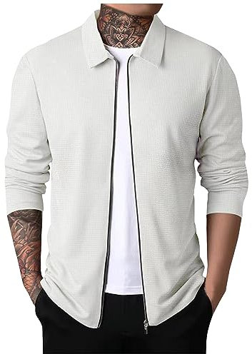 LUNULE Strickpullover Herren Sherpa Jacke Herren Jacke Jungen 164 Leichte Dünne Waffel Einfarbig Revers Sweatjacke Mit Reißverschluss Casual Slim Fit Vintage Jacke (Weiß, M)