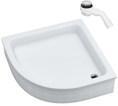 Sellon24® Receveur de douche en acrylique sans tablier quart de cercle avec support EPS + siphon blanc stable support en polystyrène carrelable Hauteur de construction 26 cm (80 x 80 x 26 cm R55)