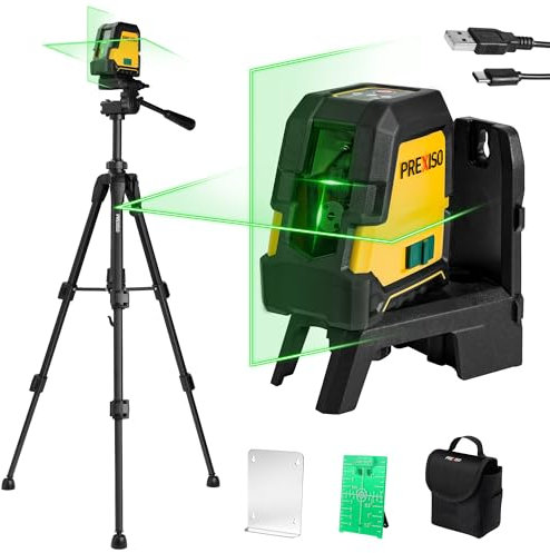 PREXISO Laser a Linee, Livella a Linea Laser, Livella Autolivellante, Laser a Linea Verticale/Orizzontale, Laser Verde con 3 Modalità, Livella Laser Professionale con Supporto Magnetico e Treppiede