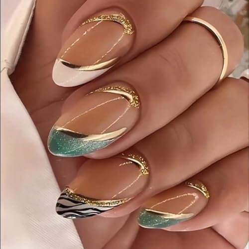Sethexy Medium Almond Press On Nails Stiletto Green Glitter Fake Nails Glossy Gold Line False Nails for Women and Girls 24PCS (2)