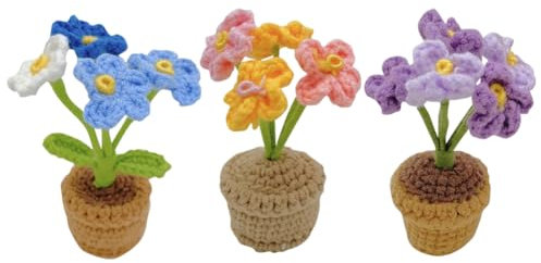 YANGSHINE 3 Mini Fiori Artificiali in Vaso Fatti a Mano All'uncinetto, Completati Con Nontiscordardime, per Affine, Ufficio, Auto, Cruscotto, Decorazione, Colore #3