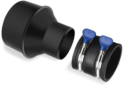 POWERTEC 70402 10,2 cm Schlauch auf 6,4 cm Schlauchkonus-Reduzierstück und 6,4 cm Staubkontroll-Flex-Manschette mit verstellbaren Schlüssel-Schlauchschellen für Staubsammlung an Elektrowerkzeug und
