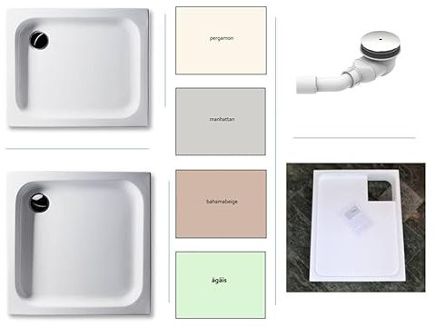 KOMPLETT-PAKET: Duschwanne flach 6,5cm + Styroporträger/Wannenträger + Ablaufgarnitur DN 90 (Dusche: Pergamon, Manhattan, Bahamabeige/Beige, Ägäis) (Bahamabeige, 90 x 75cm)