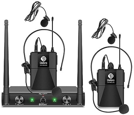 D Debra Audio AU200 Pro UHF 2 Kanal Wireless Mikrofonsystem mit schnurlosen Hand-Lavalier-Headset-Mikrofonen, Metallempfänger, ideal für Karaoke-Kirchenparty (2 Bodypack)