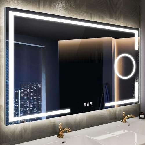 STARLEAD Badspiegel-mit-Beleuchtung 100x70cm, Badezimmerspiegel mit 5X Vergrößerungsspiegel-mit-Licht, 3 Lichtfarben, Einstellbare Helligkeit, Entfoggen, IP44 LED-Spiegel-Bad, HD Hartglas