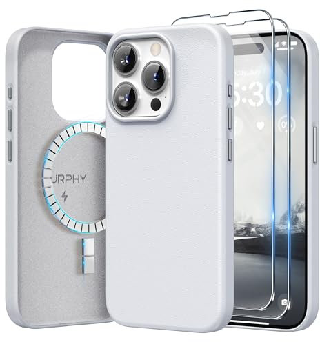 SURPHY Faux Leather Case for iPhone 15 Pro Max Case with Screen Protector, Premium PU Leather Compatible with MagSafe [Metallic Buttons] Cover for iPhone 15 Pro Max 6.7 inch, Cool White