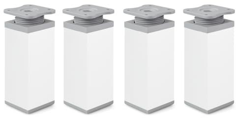 ATM® - Lot de 4 pieds de meubles design - Blanc cendré - 150 mm - Réglable en hauteur - Pour armoire, commode, canapé, lit - Pieds de meubles carrés - Métal et plastique - Profil : 40 x 40 mm