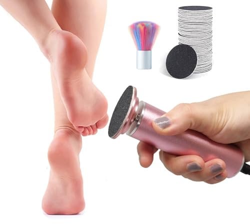 Electric Foot File Hard Skin Remover, AONOLOVO Electric Callus Remover Foot Sander (Adjustable Speed) with 60 Sandpaper Discs and Clean Brush for Dry Dead Skin Cracked Heels Calluses (Pink)