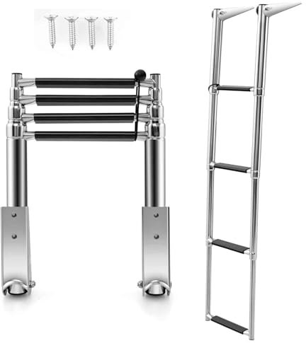 TANGZON 3/4-Step Pontoon Boat Ladder, Folding Telescoping Rear Entry Inboard Ladder, Heavy Duty Stainless Steel Swimming Dock Ladder with 225kg Weight Capacity(4-step, without Platform & Handrails)
