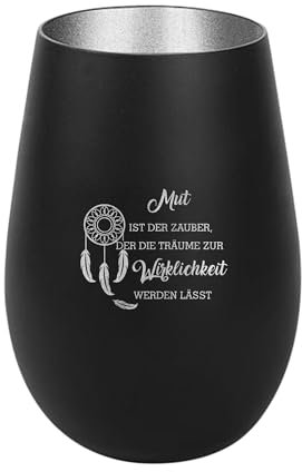 Der-Porzellan-Laden Windlicht mit Gravur Mut ist der Zauber, Schwarz Silber, Teelichthalter aus Glas mit Spruch, Tischdeko modern