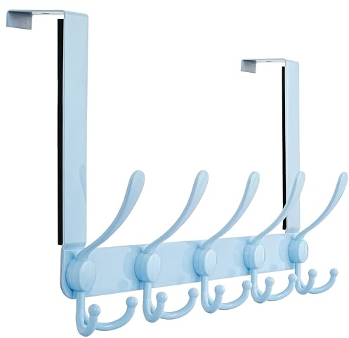 Dseap Over The Door Hook Hanger - Fits 35mm to 45mm Doors | 5 Tri Hooks Heavy Duty Towel/Coat Rack | Door Organizer for Clothes, Jackets, Hats, Towels, Blue