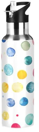 JUMBEAR Color Dots Wasserflasche mit Strohhalm-Deckel, 600 ml, vakuumisolierte Edelstahl-Wasserflaschen, auslaufsicher, Wasserflasche für Fitness, Sport, Outdoor, 623 ml