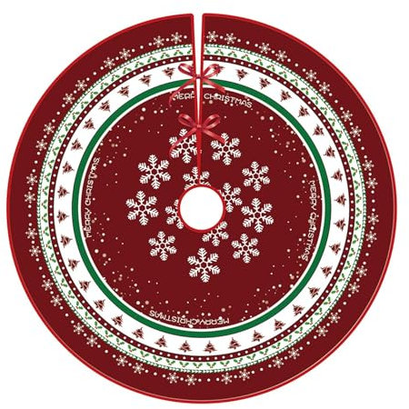 Jupe de Sapin Noël 90cm Couvre Pied Ronde - Tapis avec Motif Flocon de Neige et Éléments Classiques pour Décorations d'Arbre et Fêtes de Noël