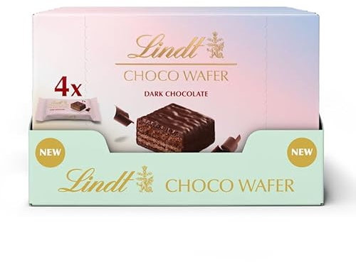Lindt Choco Wafer Fondente, Confezione da 4 pacchetti incartati di wafer al cioccolato fondente, formato 104g