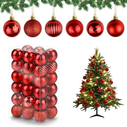 Weihnachtskugeln Rot, 36 Stück Christbaumkugeln, Ø 4 cm Baumschmuck für Weihnachten, Kunststoff Dekoration für Weihnachtsbaum