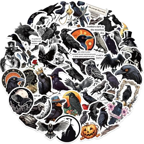 Crow Stickers, 50pcs Horror Birds Stickers, Cool Graffiti Waterproof Black Cartoon Crows Decals for Water Bottle Laptop Luggage Car Bike Bicycle