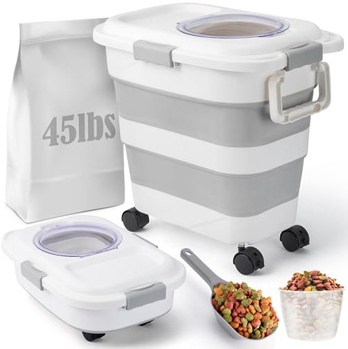 BeYumi Dog Food Storage Container, Collapsible Pet Food Container with Spinner Wheels Scoop and Measuring Cup, Airtight Multifunctional Food Storage Bin for Dog Cat Bird Animal Dry Meal Rice