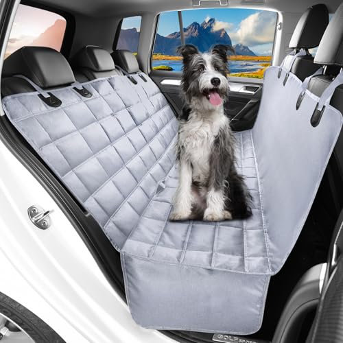 Hopidogie Dog Car Seat Cover 4-in-1, 100% Waterproof Dog Hammock for Car Back Seat, Scratchproof Nonslip Back Bench Cover for Pets Machine Washable Durable Universal fits Trucks SUV Grey