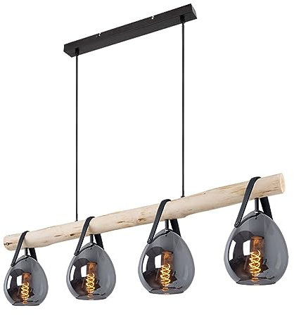 Hängelampe Pendellampe Holzoptik schwarze Textilkabel Glas rauch H 117 cm