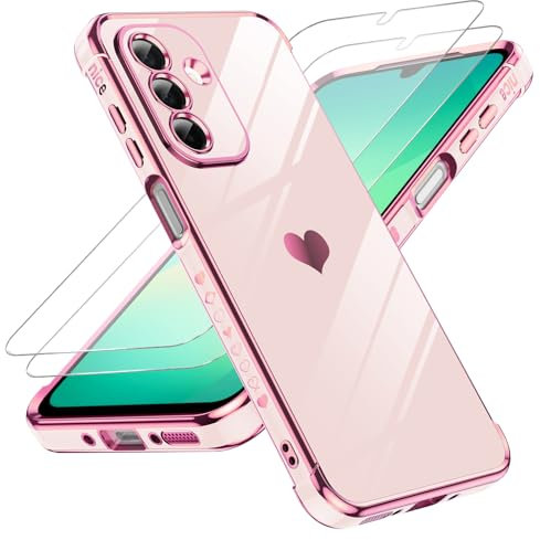 LeYi Funda para Samsung Galaxy A26/A 26 5G 5 G, Silicona Carcasa con 2pcs Cristal Templado, Corazón Amor Mujer Estuche Protector Galvanizado Suave Bumper Resistente Antigolpes Móvil Case, Rosa