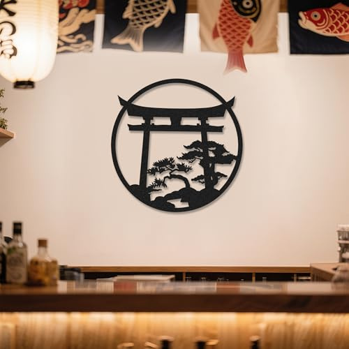 Metal Wall Decor Art, Japanese Decoration Torii Gate, 18.5x18.2 inch, Black | Asian Metal Wall Decor, Nature Art Cherry Blossom for Living Room Dining Room Fence Kitchen Indoor Outdoor