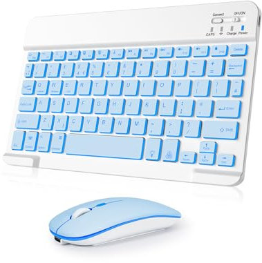 Nsyee Bluetooth Keyboard and Mouse, Universal Compact Wireless Keyboards, Rechargeable Portable for iPad/Samsung/Tablet/iOS/Android/Windows, UK Layout (Blue, Backlit Keyboard and Mouse)