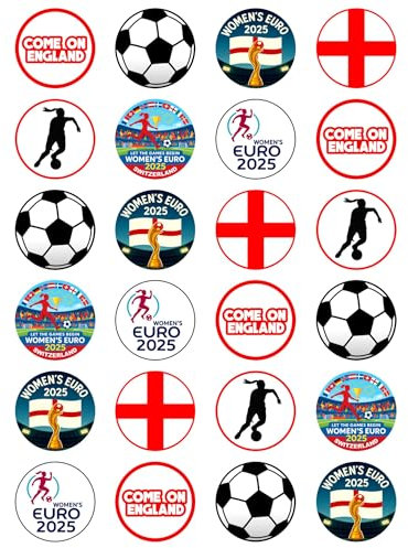 24 x Women's Euro 2025 ENGLAND Party Pack Edible Cupcake Toppers – Wafer Card or Icing – Football Party Themed Birthday Decorations Perfect For Brownies Cookies Muffins & More! (Edible Wafer Card)