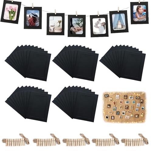 Hexizexi 50 Stück 5 Zoll Papier Bilderrahmen 9.8x13.2 cm Schwarz Fotogirlande mit 50 Holzklammern und 5 Rollen Hanfschnur Fototaschen zum Aufhängen Geeignet für Geburtstage Hochzeiten Wanddekoration