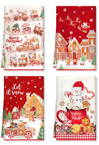 Arquiel Weihnachten Lebkuchen Geschirrtücher Mikrofaser 4er-Set 40 x 60 cm | Mikrofaser-Geschirrtücher, Motiv: Weihnachten Lebkuchen; saugfähig und pflegeleicht zum Abtrocknen in der Küche.