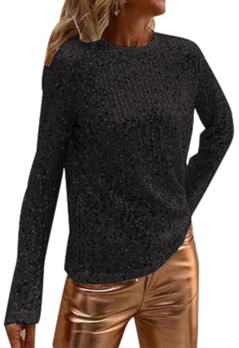 Ellunis Damen Pailletten Glitzer Tops Langarm Rundhalsausschnitt Shirt Bluse Party Cocktail Oberteile Club Night Outfits