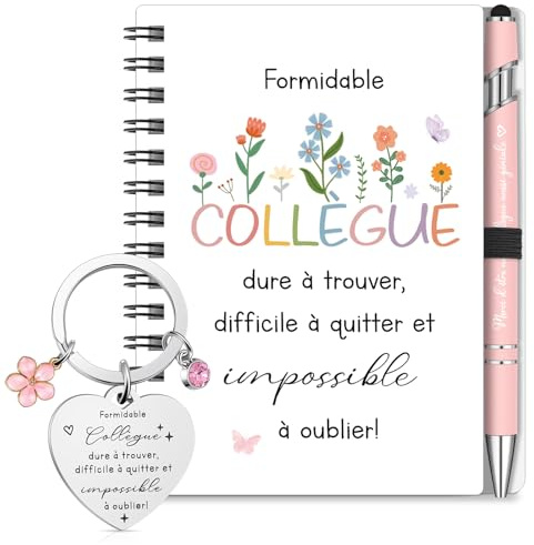Sinmoe Cadeau pour Formidable Collègue Femme Set 3 Pièces | Carnet Spiralé, Stylo à Bille Rose et Porte-Clés Fleur, Idée Cadeau Départ, Retraite, Remerciement Collègue ou Noël